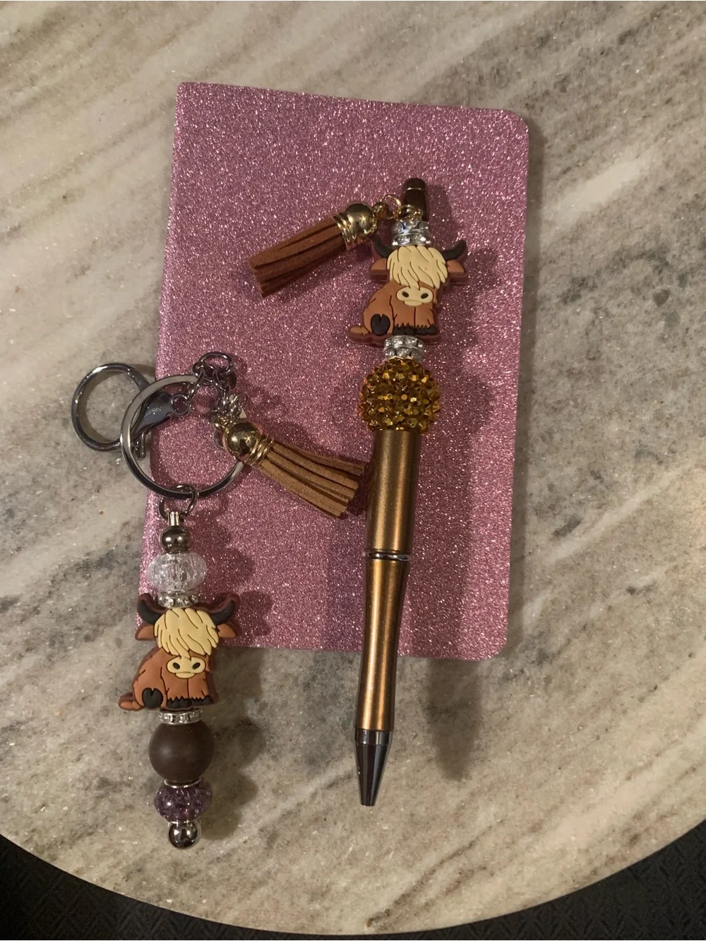 Highland Cow Pen & Keychain Set - Blue, Brown Accents